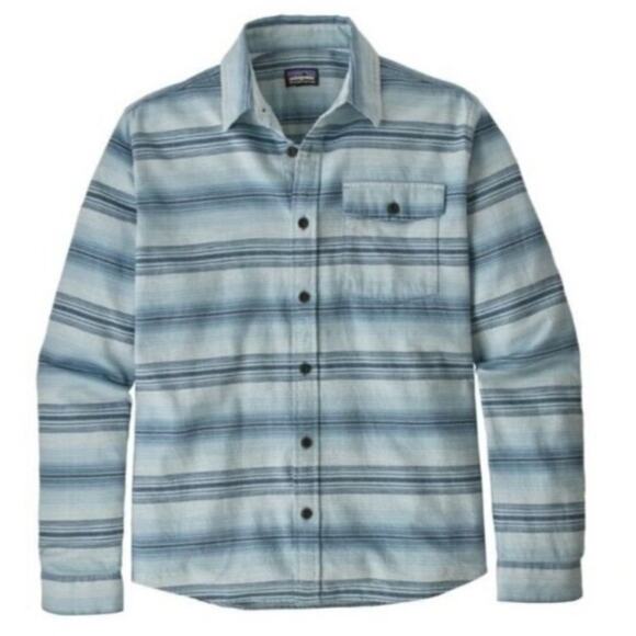 Patagonia $89 Fjord Organic Cotton Flannel Blue Stripe Mens MED EUC - Picture 3 of 9